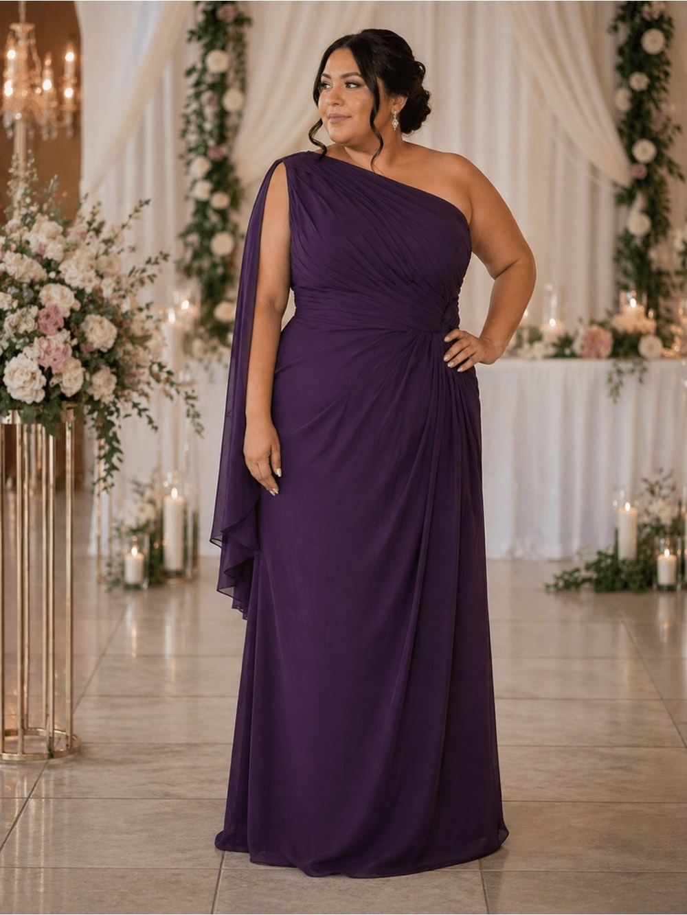 JJ’S HOUSE Eggplant Purple One Shoulder Ruched Evening Dress 22W